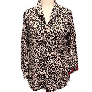 Foxcroft blouse animal print long sleeve button up contrasting floral cuff Sz 14